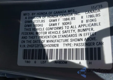 2016 Honda Civic Ex z USA, uszkodzony, nr VIN 2HGFC2F7XGH509828